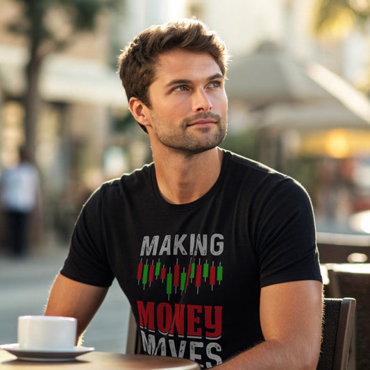 Money Moves T-Shirt — black lifestyle cafe shot, seated model wearing candlestick chart tee