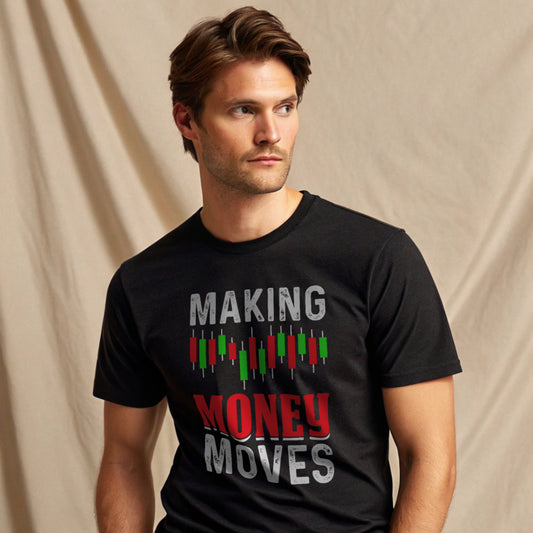 Money Moves T-Shirt — black studio shot showing candlestick chart print centered on chest