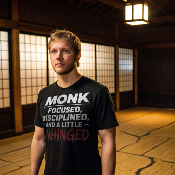 Man wearing Monk Mode: Unhinged T-Shirt in a traditional dojo setting, looking intense and focused