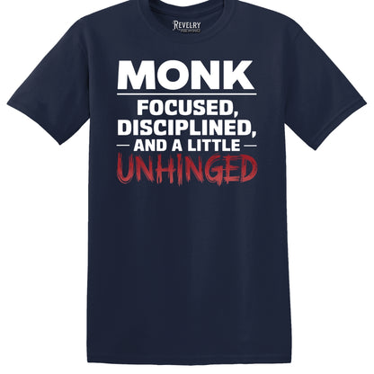 Navy flatlay of "Monk Mode: Unhinged" t-shirt for RPG monk class fans