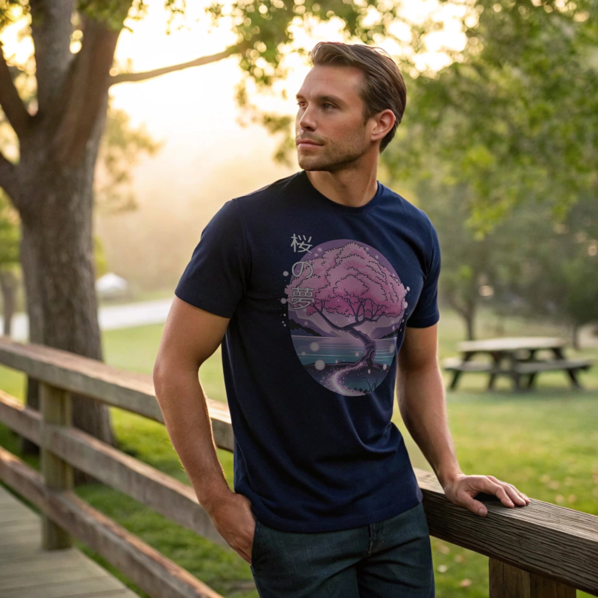 Male model strolling a park bench area wearing a navy crew-neck t-shirt with pink cherry-tree graphic, lifestyle street shot.