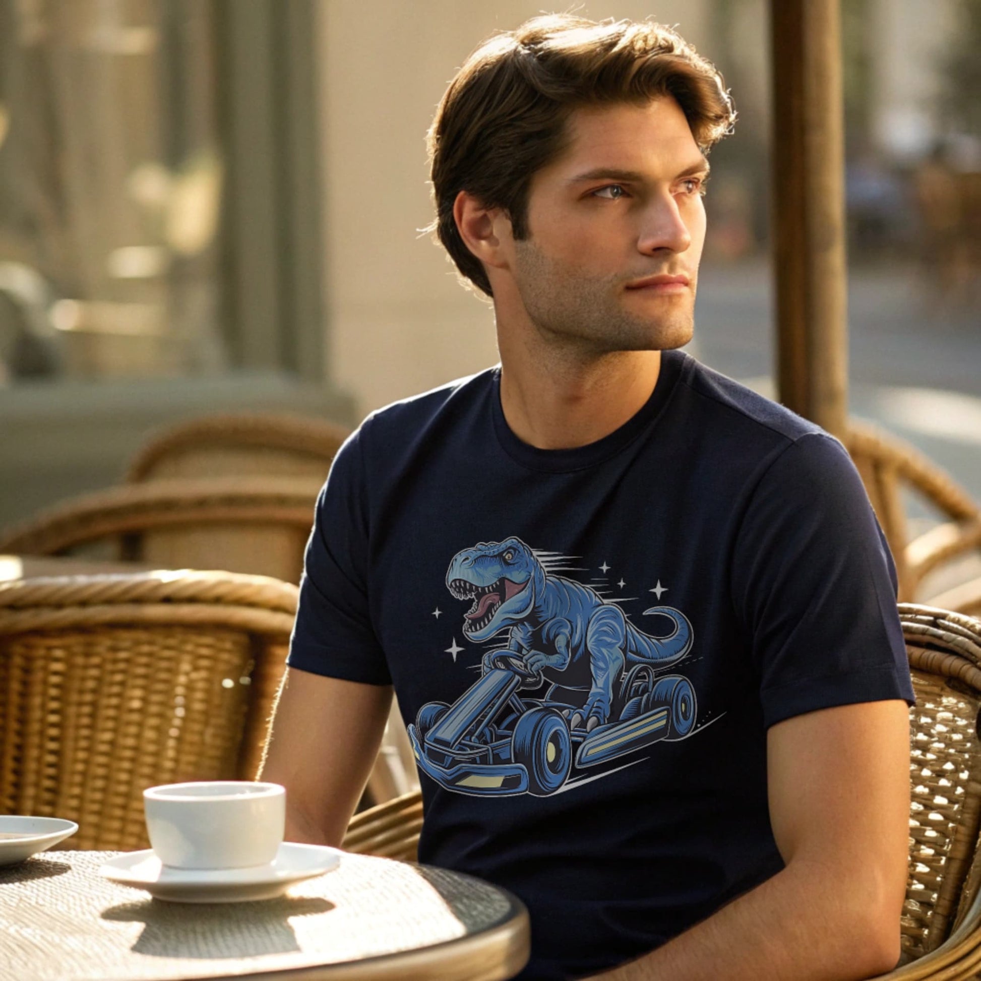 Male model seated at an outdoor café table in a navy crew-neck t-shirt with a blue dinosaur kart graphic, lifestyle café shot.