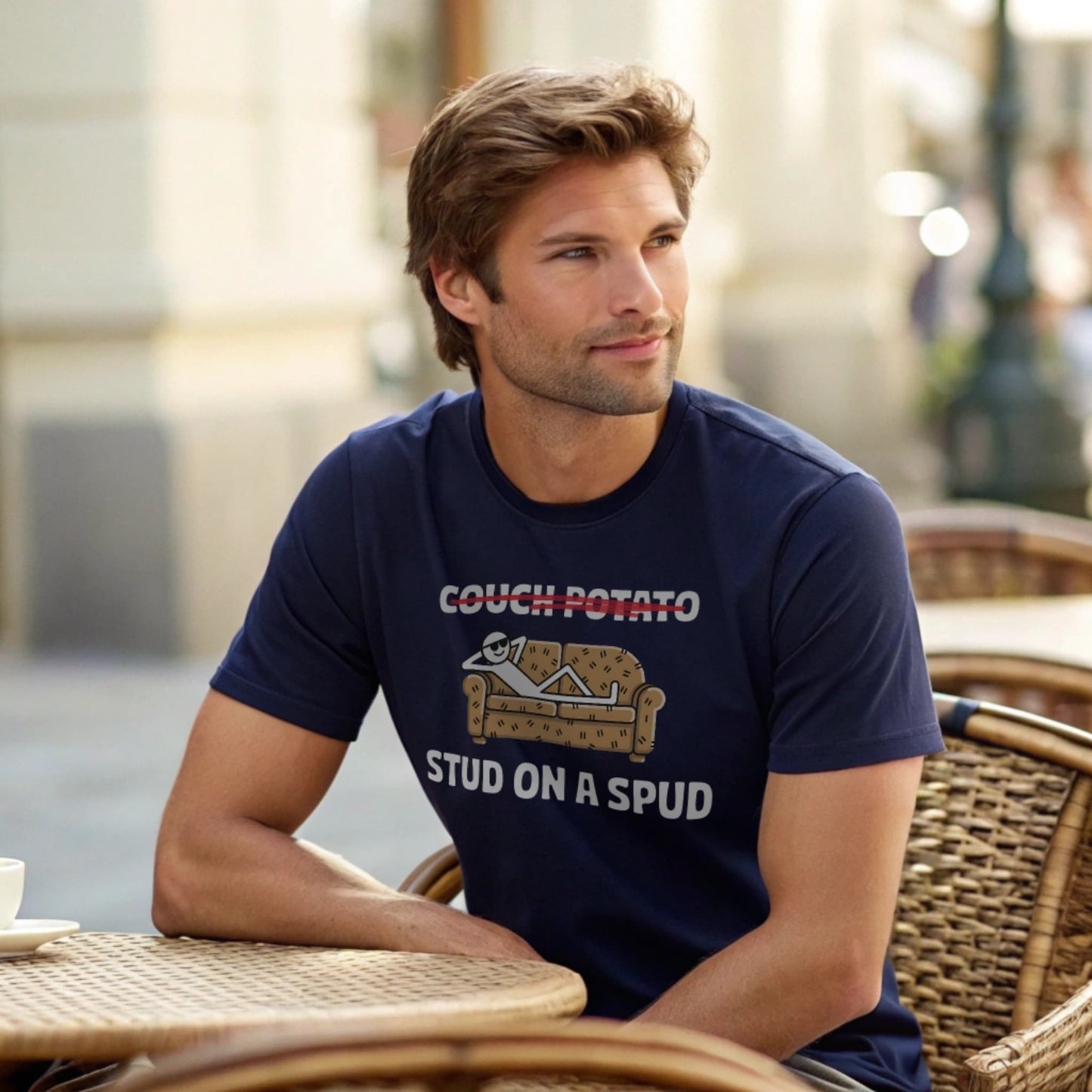 Male model seated at an outdoor café table in a navy crew-neck t-shirt with “Couch Potato: Stud on a Spud” graphic, lifestyle café shot.