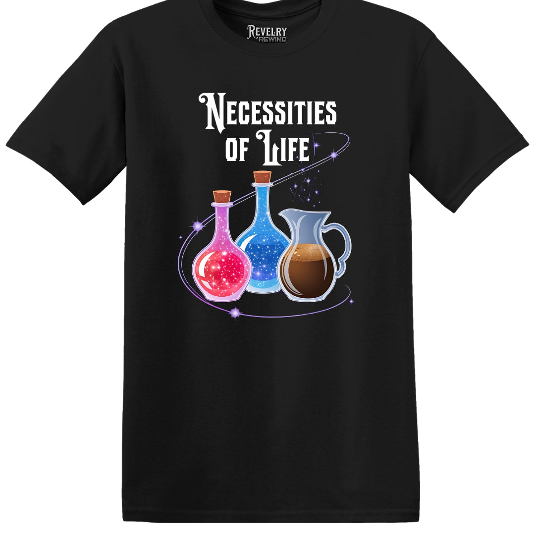 Flat lay of Necessities of Life design on black t-shirt