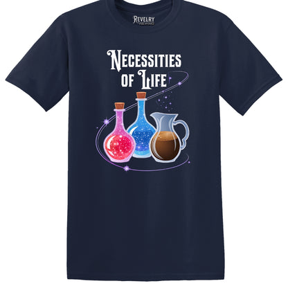 Flat lay of Necessities of Life design on navy t-shirt