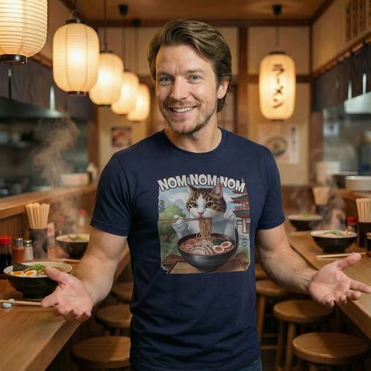 Man wearing Nom Nom Ramen Cat T-Shirt inside cozy Japanese ramen shop