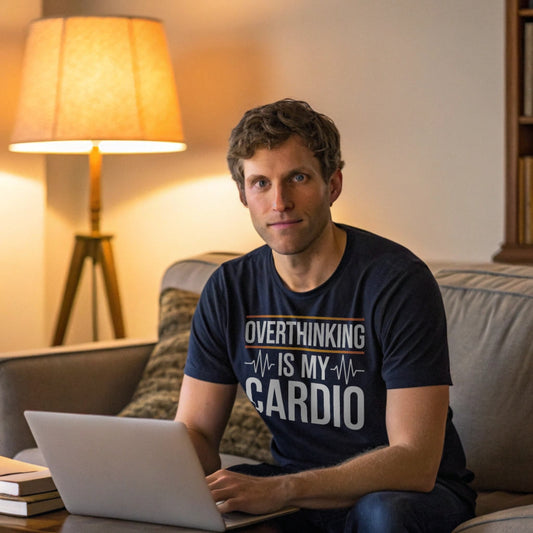 Hyper-realistic mockup of a 25–40-year-old man wearing a navy Overthinking Cardio T-Shirt seated on a couch in a living room under warm lamp light with scattered notebooks and a laptop.