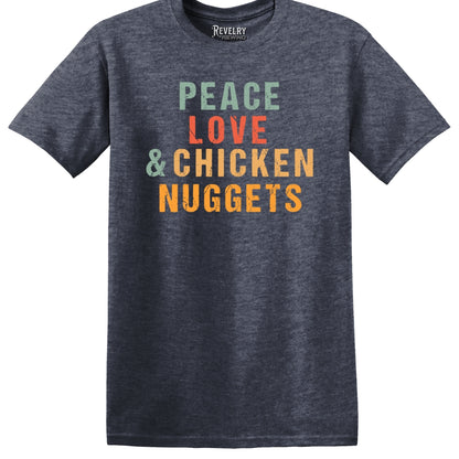 Flat lay of Peace Love & Chicken Nuggets design on heather navy t-shirt
