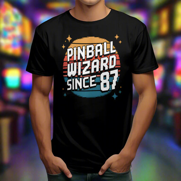 Man wearing Pinball Wizard Since ’87 shirt in realistic setting