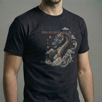 Japanese Ukiyo-e style Boss Dragon T-shirt in System Black. Shows the detailed pixel dragon rising from blue waves.