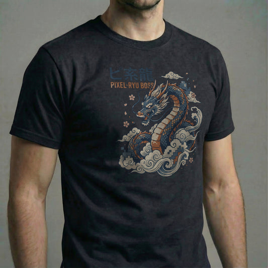 Japanese Ukiyo-e style Boss Dragon T-shirt in System Black. Shows the detailed pixel dragon rising from blue waves.