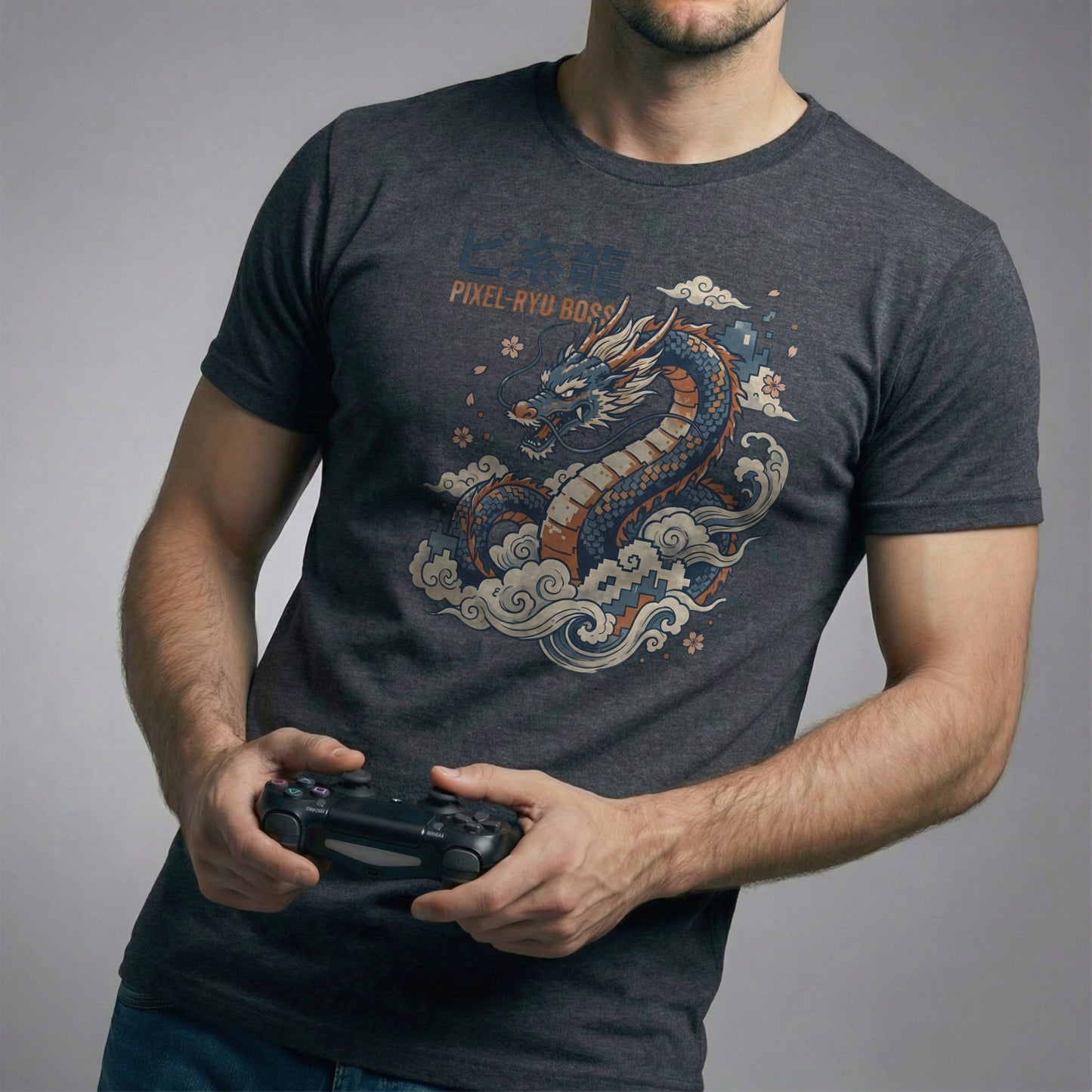 Dark Circuit T-shirt featuring the Ukiyo-e pixel dragon design. Model holds a controller, emphasizing the JRPG theme.