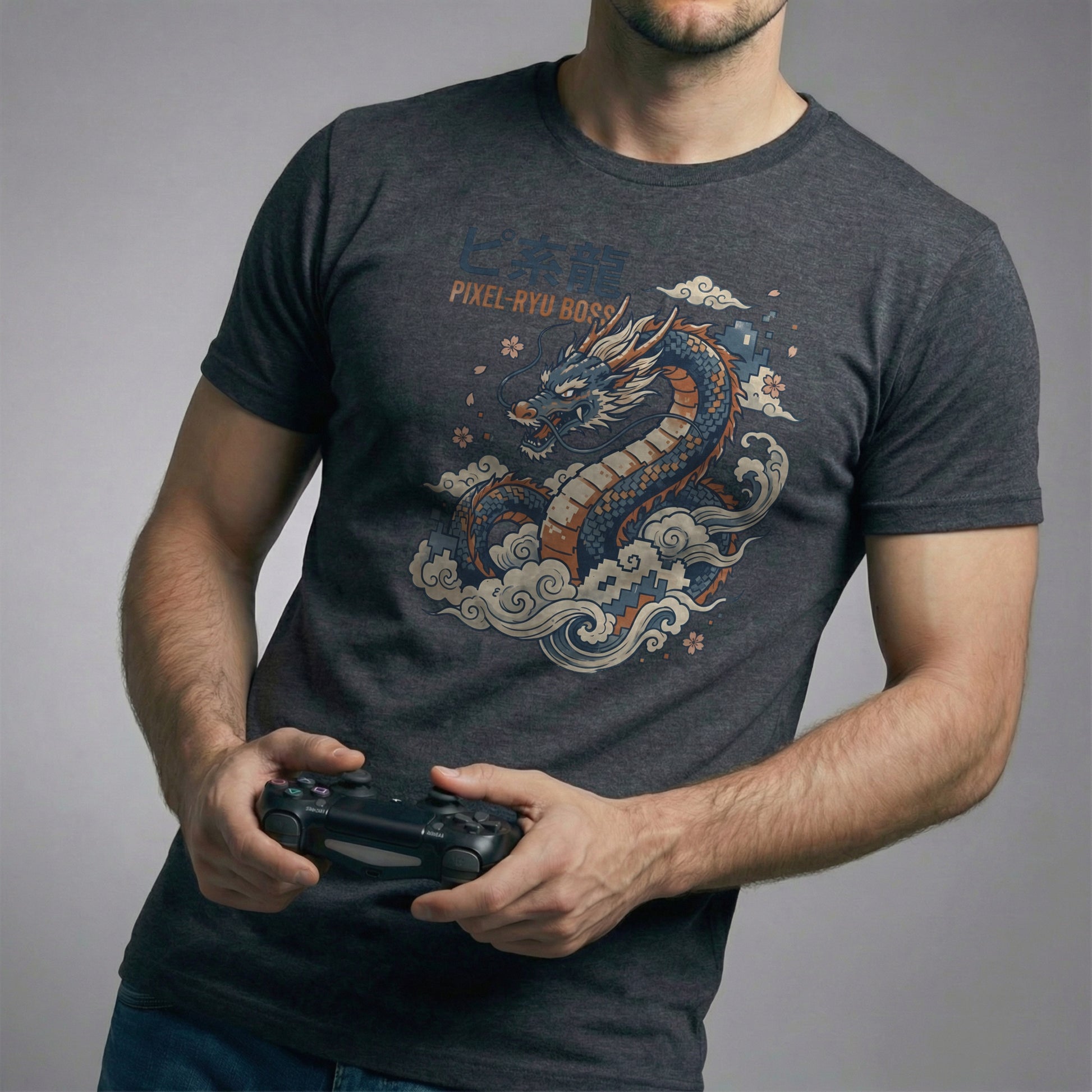 Dark Circuit T-shirt featuring the Ukiyo-e pixel dragon design. Model holds a controller, emphasizing the JRPG theme.