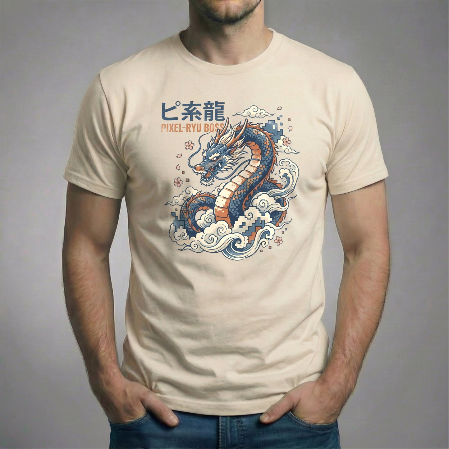 Pixel-Ryu Boss Dragon T-shirt in Vintage Cream color. Ukiyo-e graphic features dragon, clouds, and orange accents.