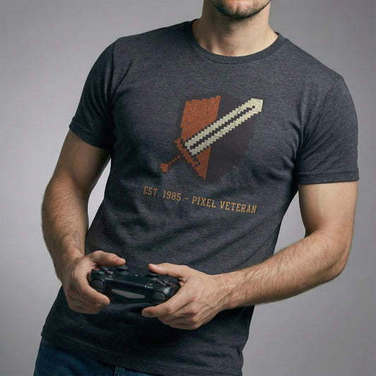 Pixel Veteran 8-Bit RPG T-Shirt in Dark Circuit color. Man holding a controller, showcasing the sword and shield crest. Vintage gaming apparel.