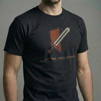 Pixel Veteran T-Shirt in System Black. Close-up of the distressed 8-Bit crest graphic on the model's torso.