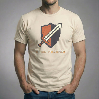Pixel Veteran T-Shirt in Vintage Cream color, featuring the distressed 8-Bit sword and shield crest.