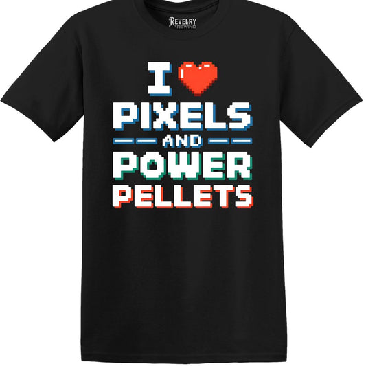 Flat lay of I Love Pixels and Power Pellets shirt on black t-shirt