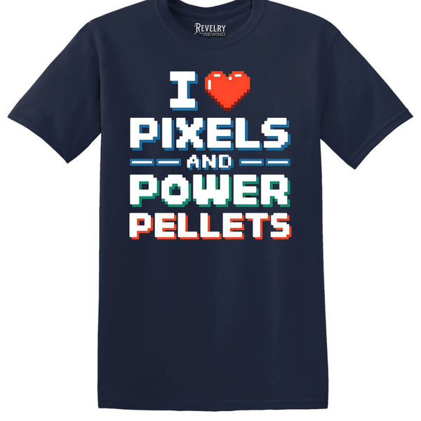 Flat lay of I Love Pixels and Power Pellets shirt on navy blue t-shirt