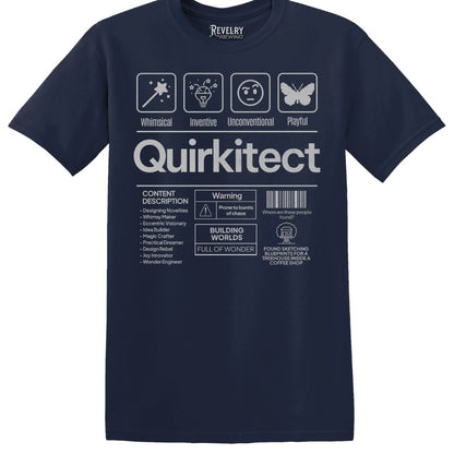 Flat lay of Quirkitect blueprint graphic shirt in navy blue for creative thinkers