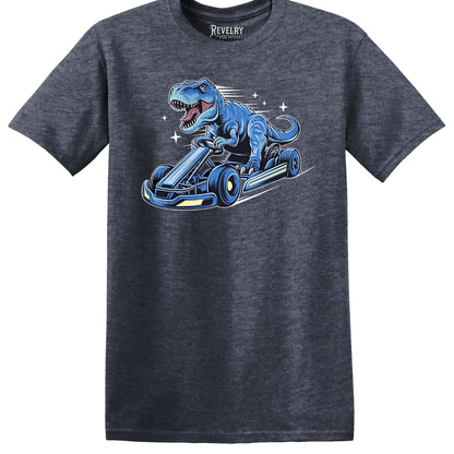 Flat lay of Racing Dino design on heather navy t-shirt
