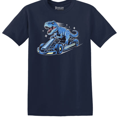 Flat lay of Racing Dino design on navy t-shirt