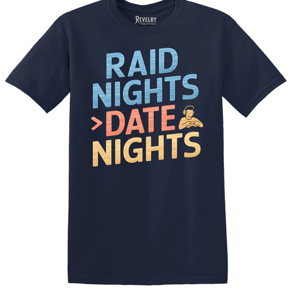 Flat lay of Raid Nights > Date Nights design on navy t-shirt