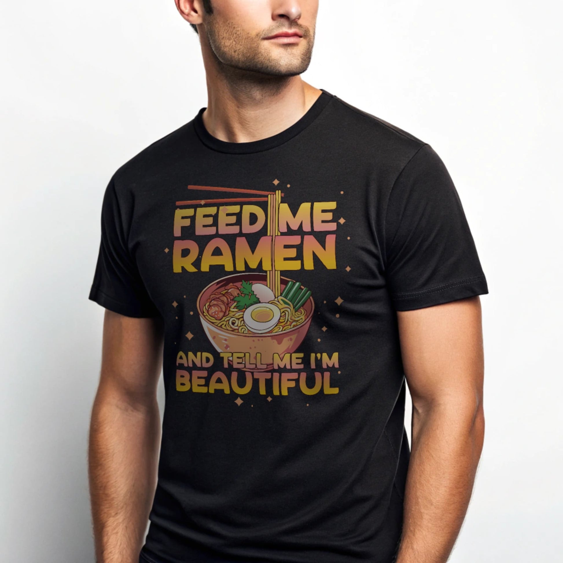 Studio shot of a male torso wearing a black Ramen Lover T-Shirt.