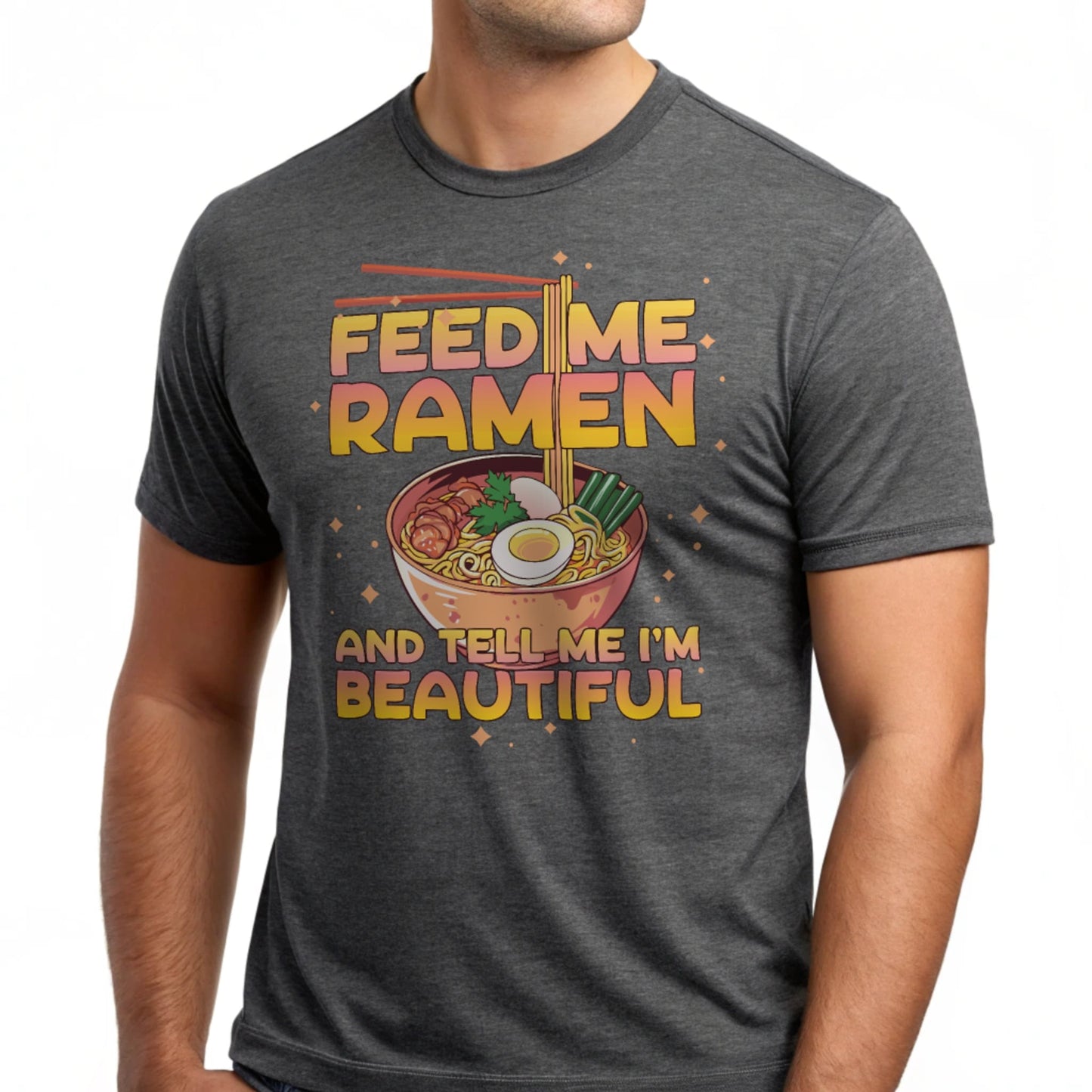 Studio shot of a male torso wearing a charcoal Ramen Lover T-Shirt.
