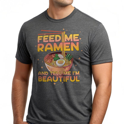 Studio shot of a male torso wearing a charcoal Ramen Lover T-Shirt.