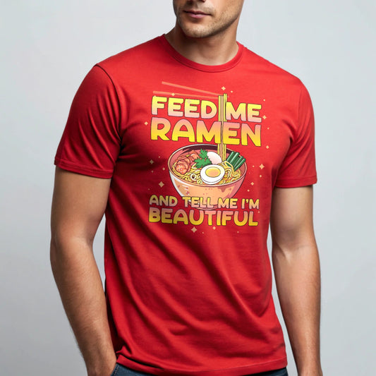 Studio mockup of a male model wearing a red Ramen Lover T-Shirt against a white background.