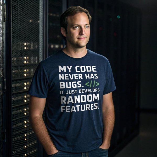 Hyper-realistic mockup of a 25–40-year-old man wearing a heather navy Random Features T-Shirt standing in a dimly lit server room with blinking rack lights.