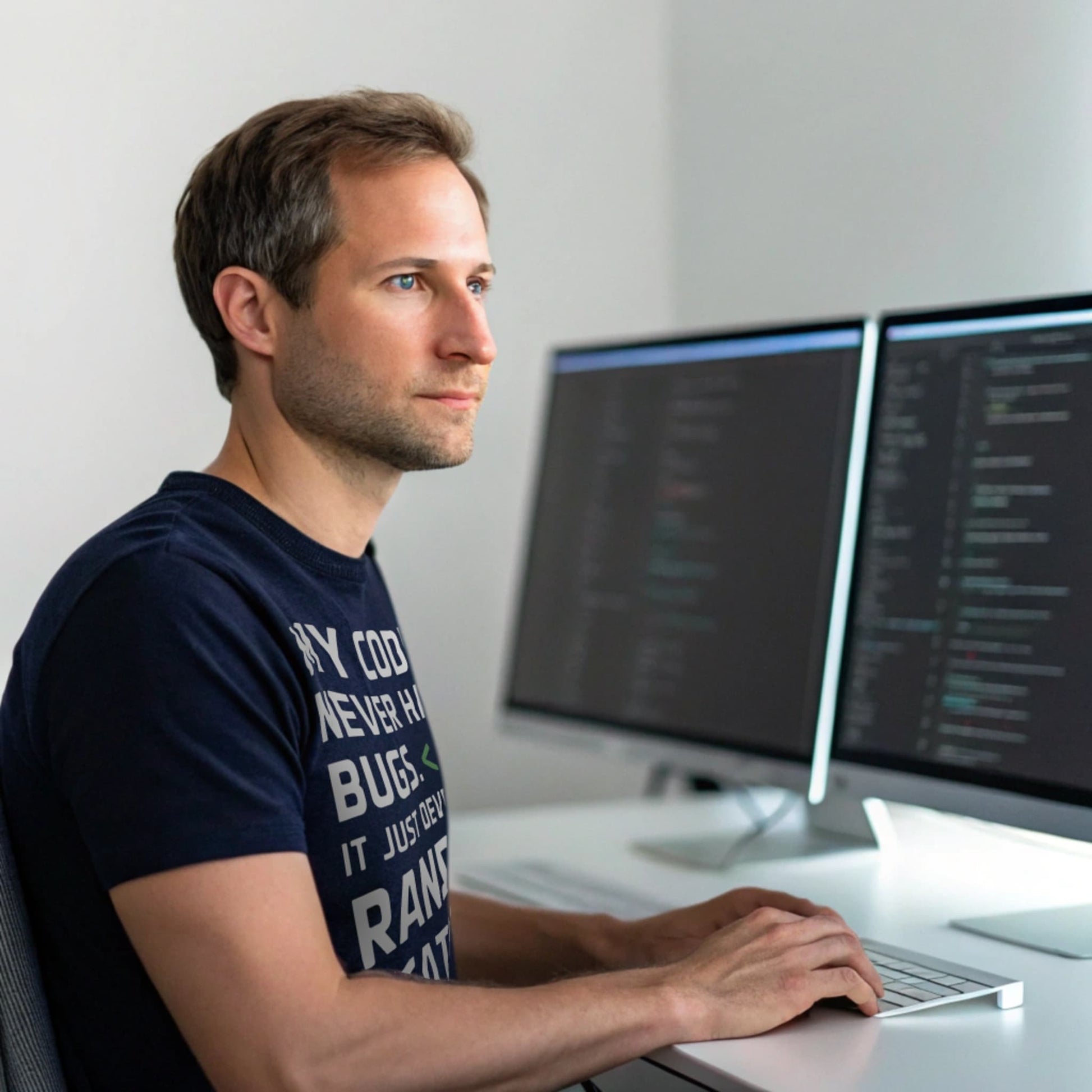 Hyper-realistic mockup of a 25–40-year-old man wearing a navy Random Features T-Shirt seated at a desk with multiple code-filled monitors under cool LED backlighting.