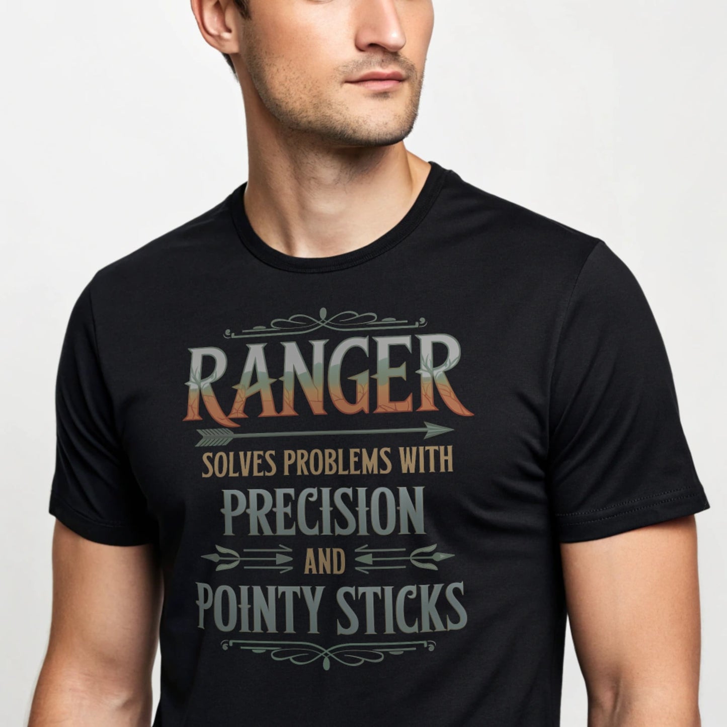 Black studio mockup of Ranger Pointy Sticks tee