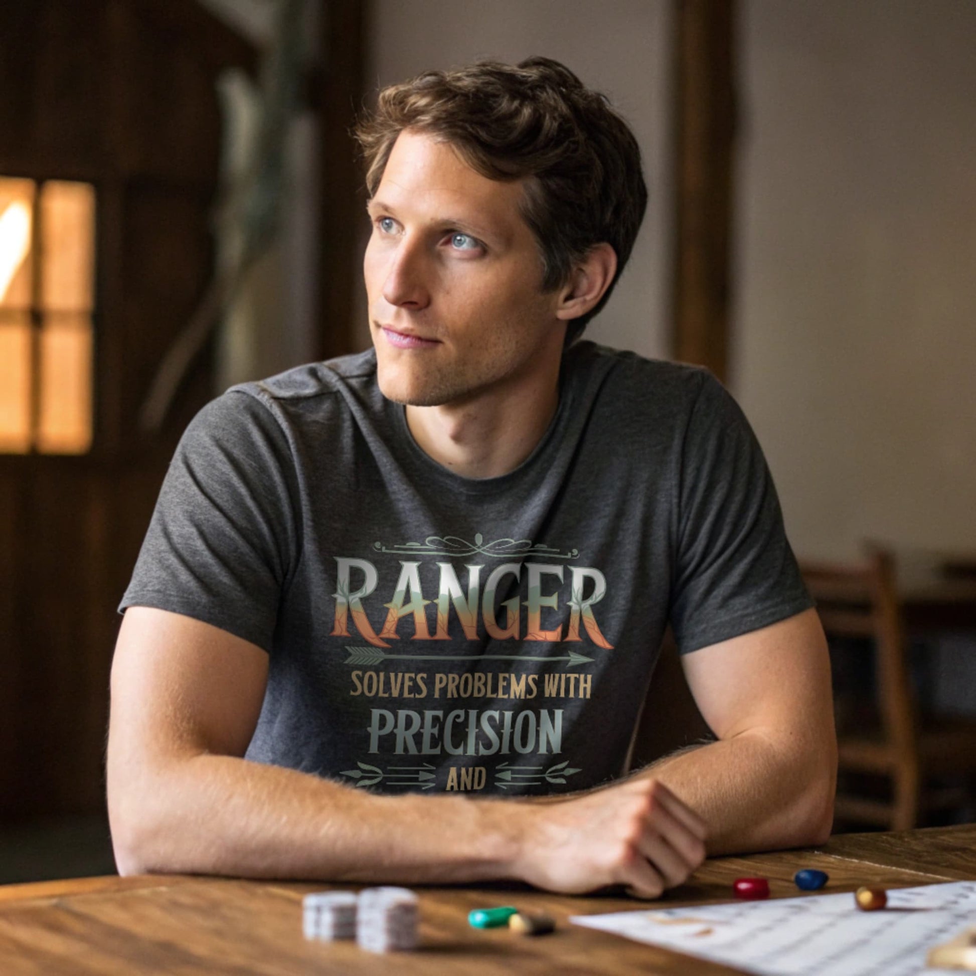 Dark Heather lifestyle mockup of Ranger Pointy Sticks tee