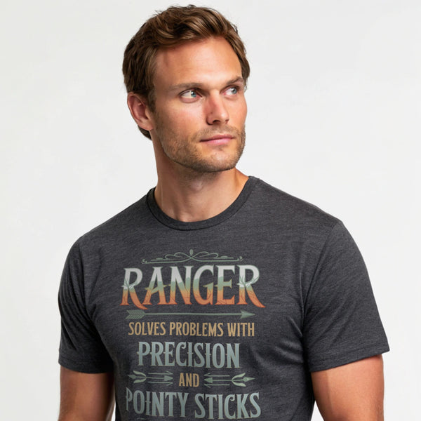 Dark Heather studio mockup of Ranger Pointy Sticks tee