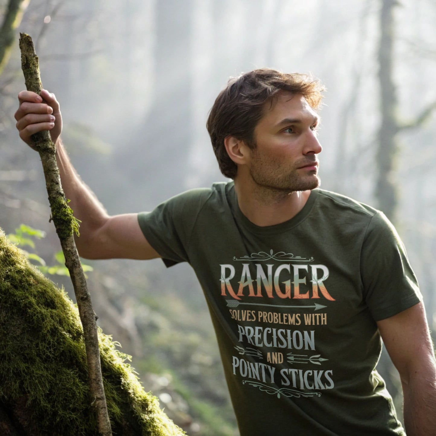 Military Green lifestyle mockup of Ranger Pointy Sticks tee