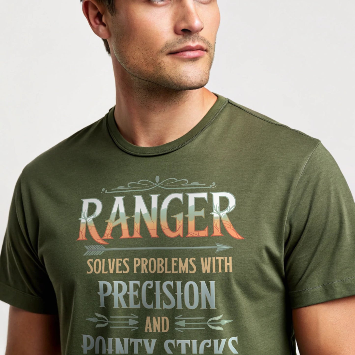 Military Green studio mockup of Ranger Pointy Sticks tee