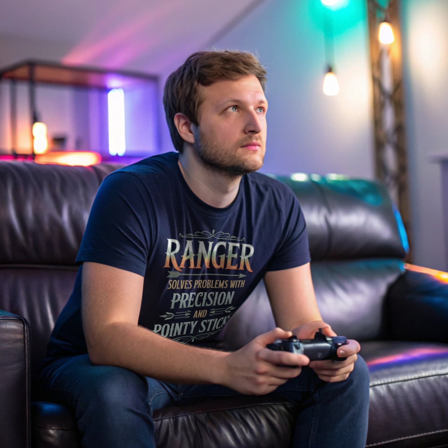 Navy lifestyle mockup of Ranger Pointy Sticks tee