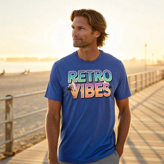 Man wearing Retro Vibes shirt in royal blue on a boardwalk at sunset