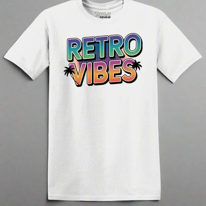 Retro Vibes T-Shirt in White – Flatlay with 80s sunset and palm tree graphic