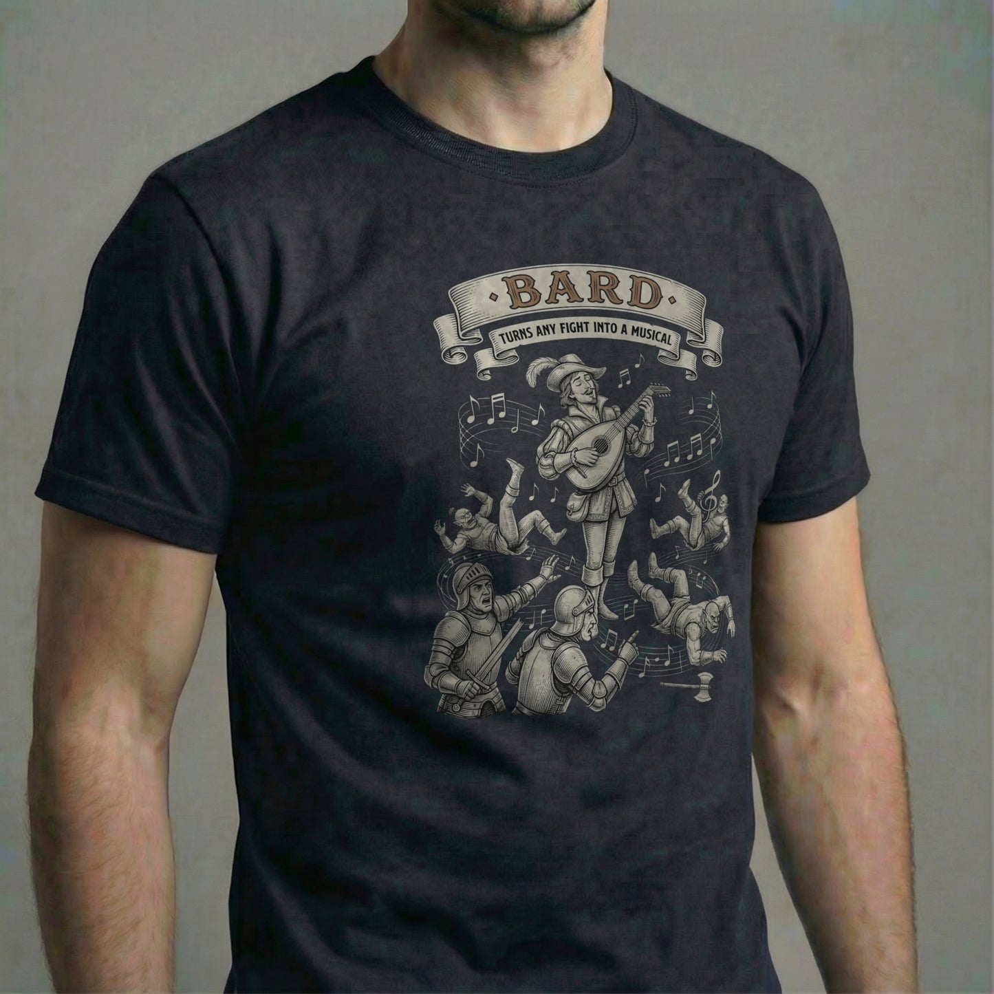 Front view of a black Bella Canvas 3001 t-shirt featuring a high-contrast beige line-art design. A Bard plays a lute oblivious to the fight, causing knights and orcs to slip on musical notes. Text reads "Turns Any Fight Into A Musical.