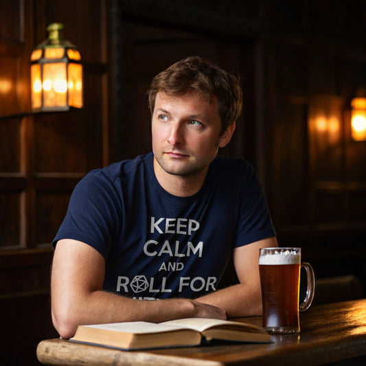 Hyper-realistic mockup of a 25–40-year-old man wearing a navy Roll Initiative T-Shirt leaning on a wooden tavern table with open spellbooks and a mug of ale under warm lantern light.