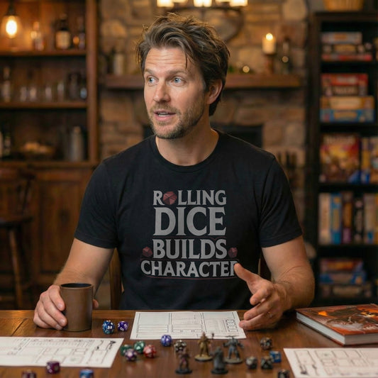 Man wearing Rolling Dice Builds Character T-Shirt at RPG game table