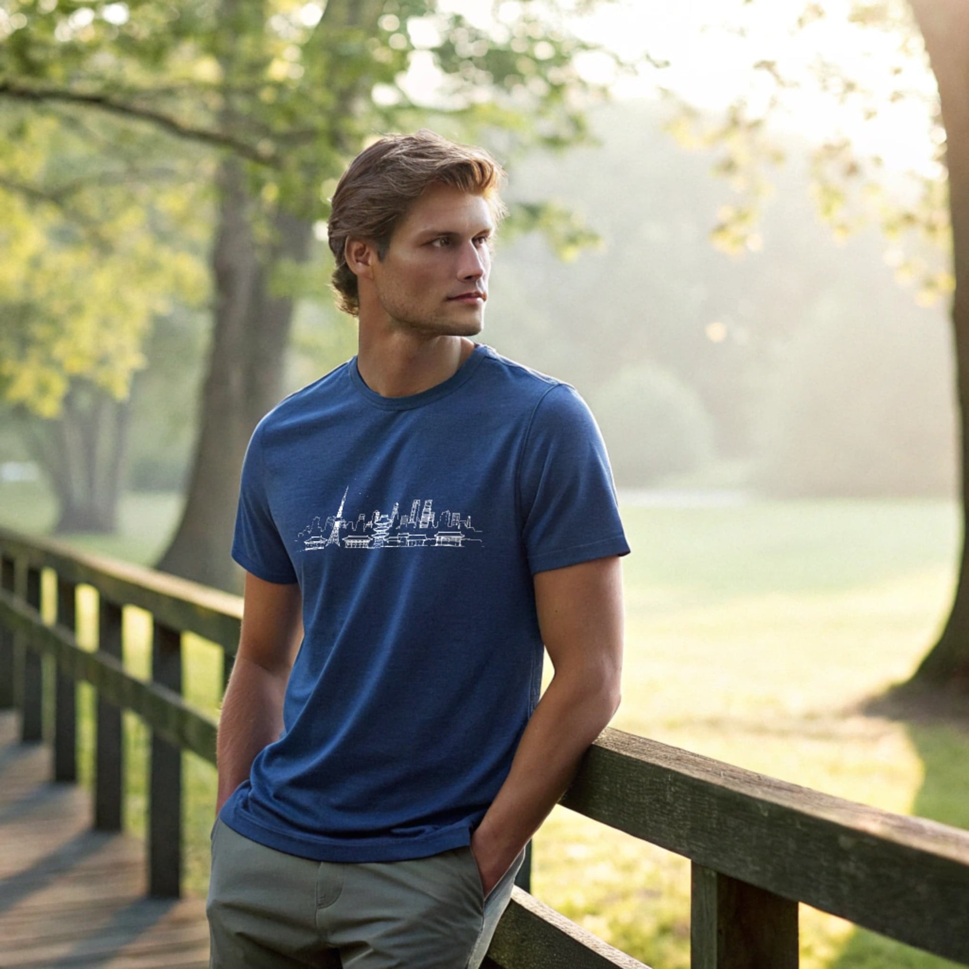 Male model leaning on a wooden rail in a royal blue crew-neck t-shirt with a white city skyline graphic, lifestyle park shot.