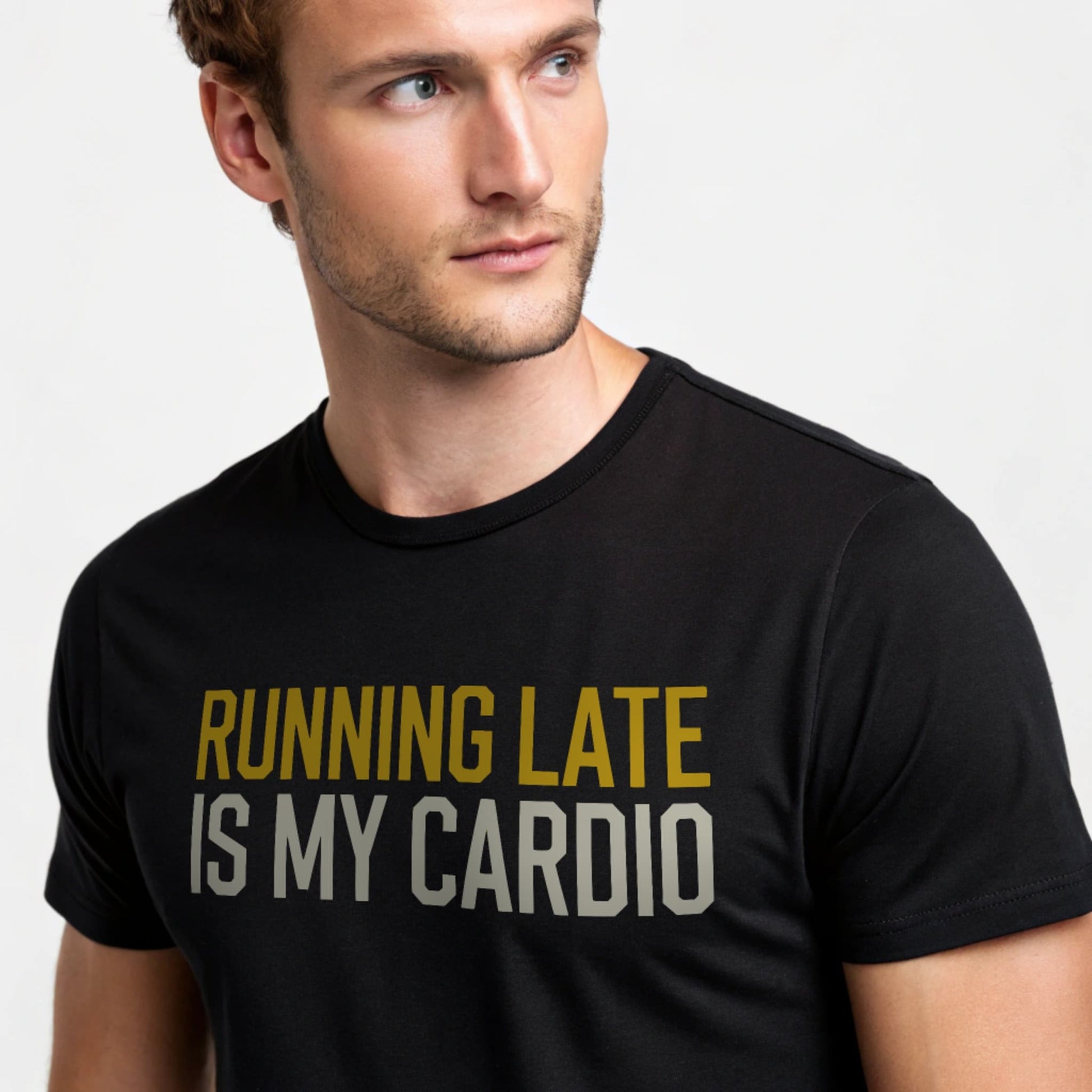 Black studio mockup of Running Late Cardio T-Shirt on a male model, front view, natural eyes, plain crew neck