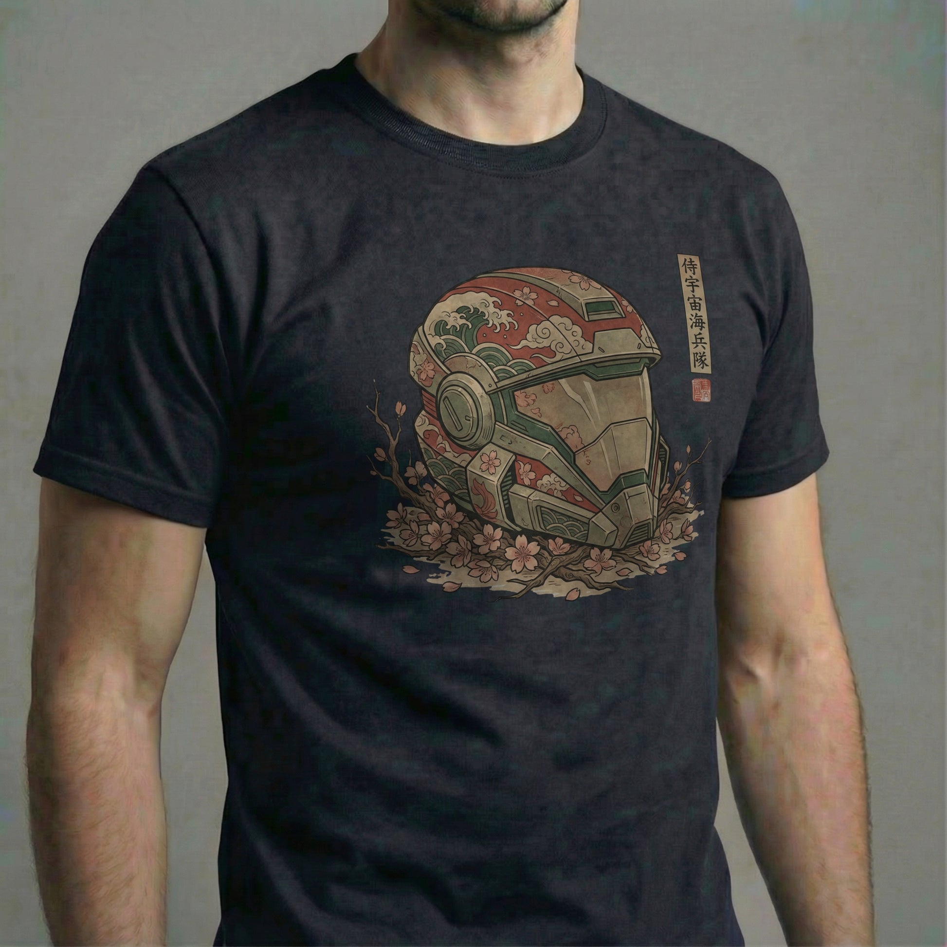 Samurai helmet cherry blossom graphic t-shirt on black shirt