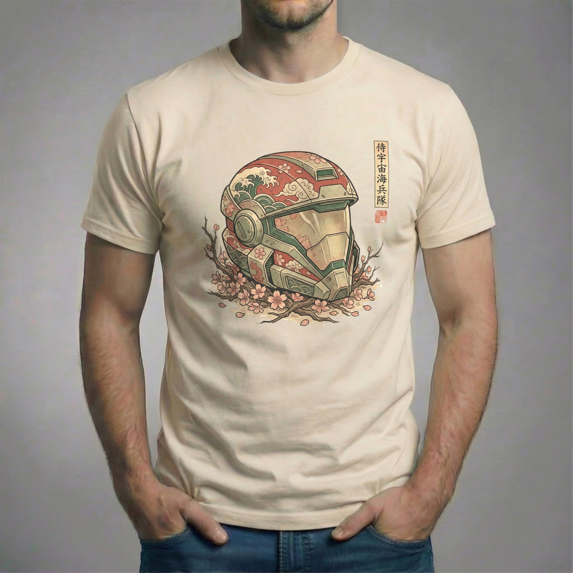 Samurai helmet cherry blossom graphic t-shirt on soft cream shirt