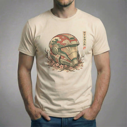 Samurai helmet cherry blossom graphic t-shirt on soft cream shirt