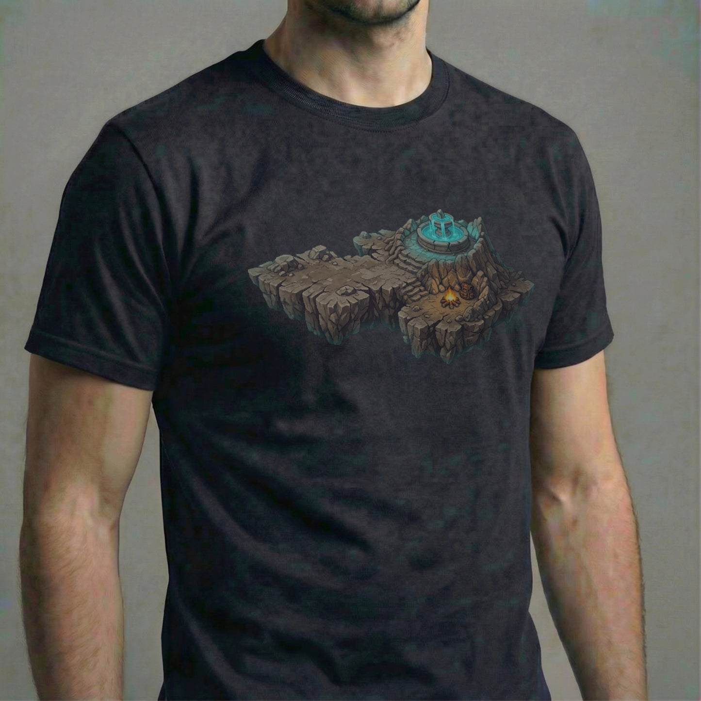 Side view of a male model wearing the Save Point Tee on a black shirt
